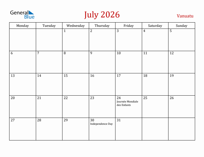 Vanuatu July 2026 Calendar - Monday Start