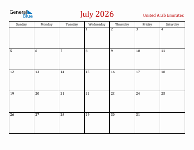 Current month calendar with United Arab Emirates holidays for July 2026