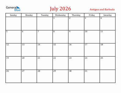Current month calendar with Antigua and Barbuda holidays for July 2026