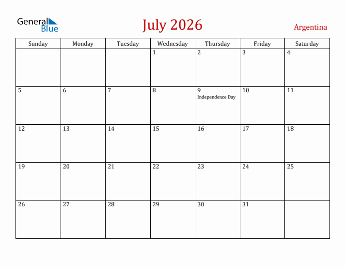 Argentina July 2026 Calendar - Sunday Start