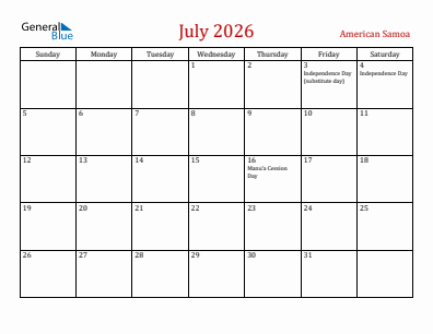 Current month calendar with American Samoa holidays for July 2026