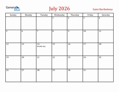Current month calendar with Saint Barthelemy holidays for July 2026