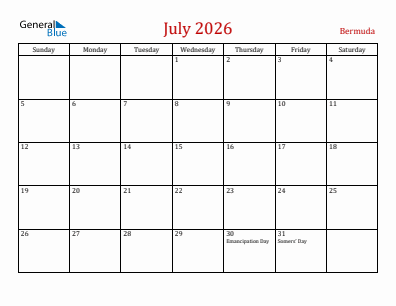 Current month calendar with Bermuda holidays for July 2026