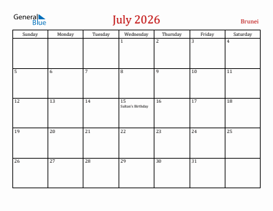 Current month calendar with Brunei holidays for July 2026