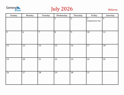 Current month calendar with Belarus holidays for July 2026