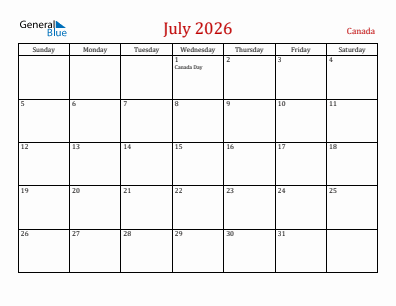 Current month calendar with Canada holidays for July 2026