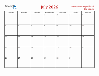 Current month calendar with Democratic Republic of the Congo holidays for July 2026