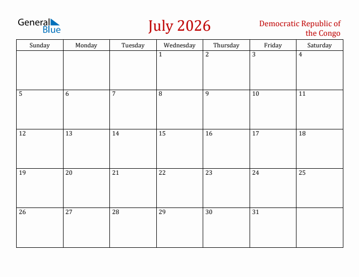 Democratic Republic of the Congo July 2026 Calendar - Sunday Start