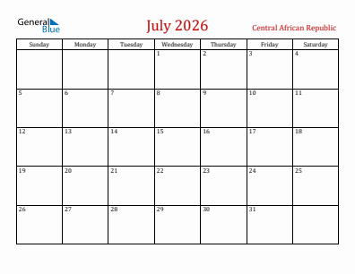 Current month calendar with Central African Republic holidays for July 2026