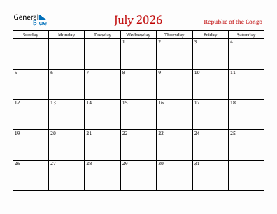 Current month calendar with Republic of the Congo holidays for July 2026