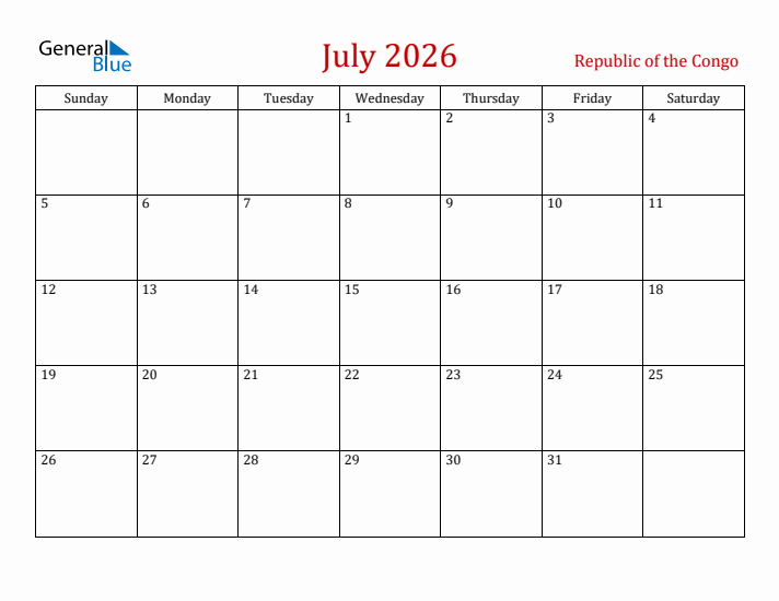 Republic of the Congo July 2026 Calendar - Sunday Start