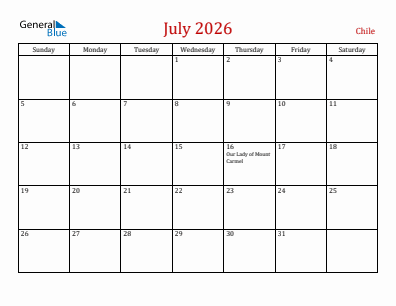 Current month calendar with Chile holidays for July 2026
