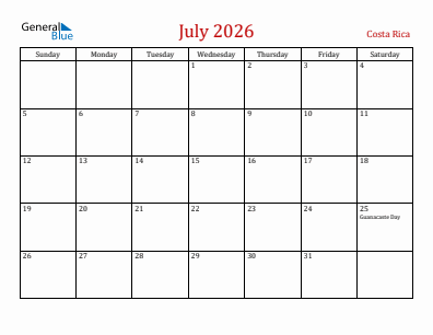 Current month calendar with Costa Rica holidays for July 2026