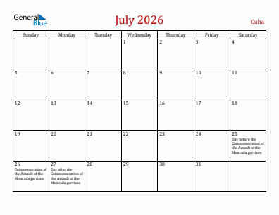 Current month calendar with Cuba holidays for July 2026