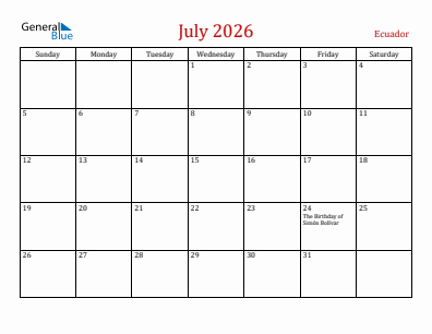 Current month calendar with Ecuador holidays for July 2026