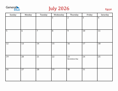 Current month calendar with Egypt holidays for July 2026