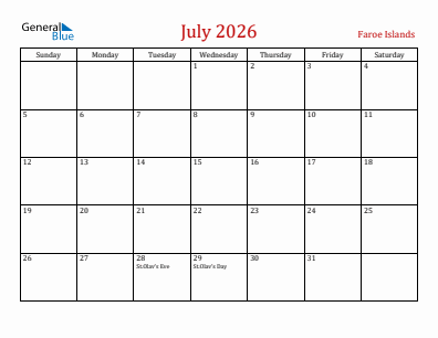 Current month calendar with Faroe Islands holidays for July 2026
