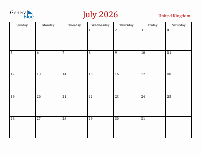Current month calendar with United Kingdom holidays for July 2026