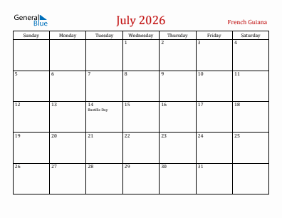 Current month calendar with French Guiana holidays for July 2026