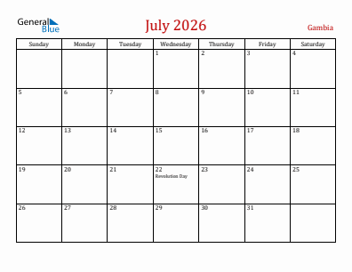 Current month calendar with Gambia holidays for July 2026