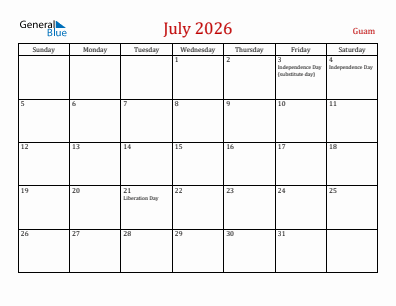 Current month calendar with Guam holidays for July 2026