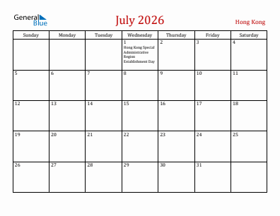 Current month calendar with Hong Kong holidays for July 2026