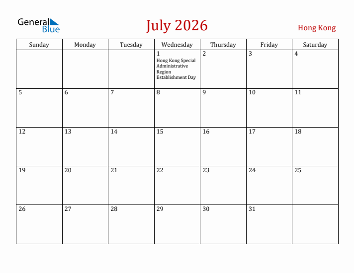 Hong Kong July 2026 Calendar - Sunday Start