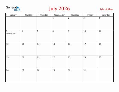 Current month calendar with Isle of Man holidays for July 2026