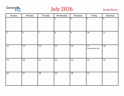 Current month calendar with South Korea holidays for July 2026