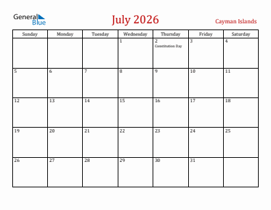 Current month calendar with Cayman Islands holidays for July 2026