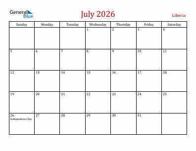 Current month calendar with Liberia holidays for July 2026
