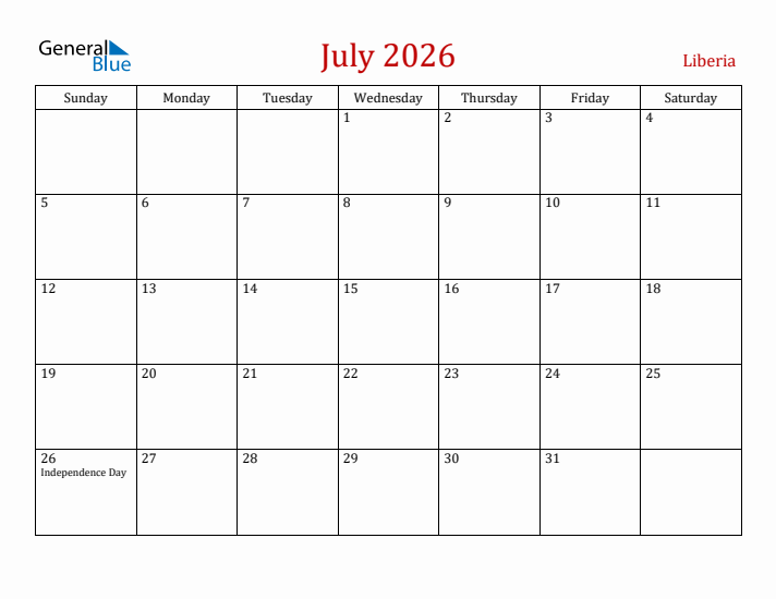 Liberia July 2026 Calendar - Sunday Start