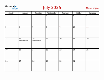 Current month calendar with Montenegro holidays for July 2026