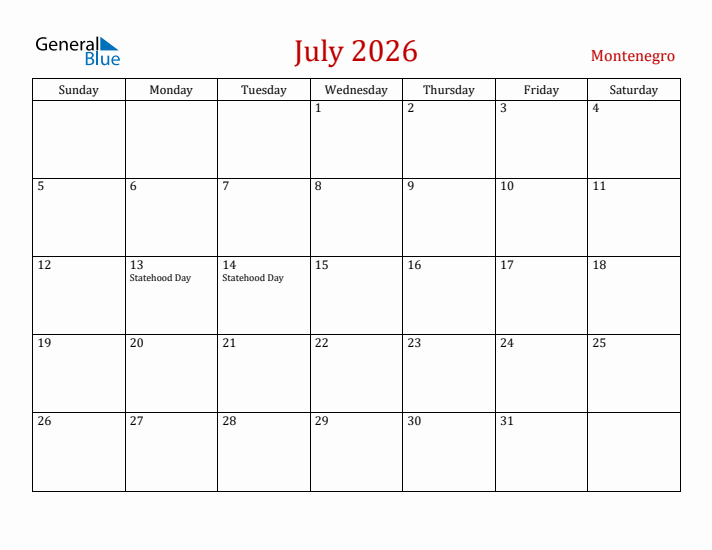 Montenegro July 2026 Calendar - Sunday Start