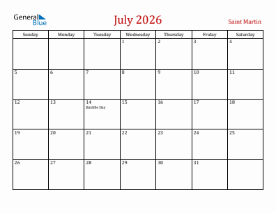 Current month calendar with Saint Martin holidays for July 2026