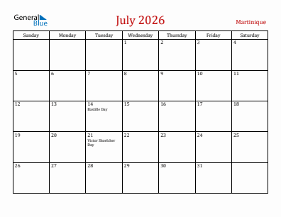 Current month calendar with Martinique holidays for July 2026