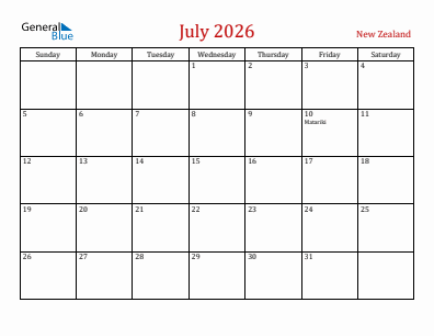 Current month calendar with New Zealand holidays for July 2026