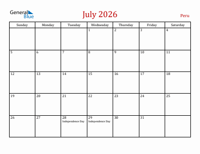 Current month calendar with Peru holidays for July 2026