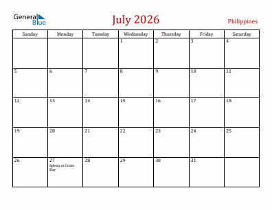 Current month calendar with Philippines holidays for July 2026