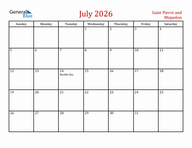 Current month calendar with Saint Pierre and Miquelon holidays for July 2026