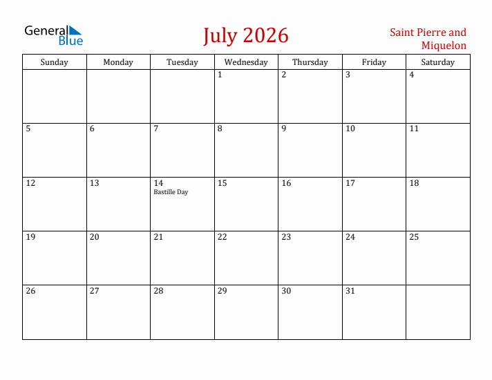 Saint Pierre and Miquelon July 2026 Calendar - Sunday Start