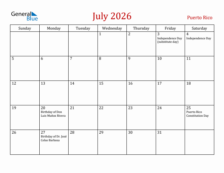 Puerto Rico July 2026 Calendar - Sunday Start
