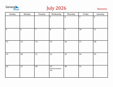 Current month calendar with Romania holidays for July 2026