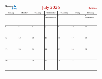 Current month calendar with Rwanda holidays for July 2026
