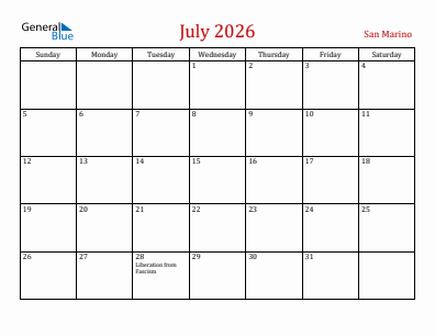 Current month calendar with San Marino holidays for July 2026