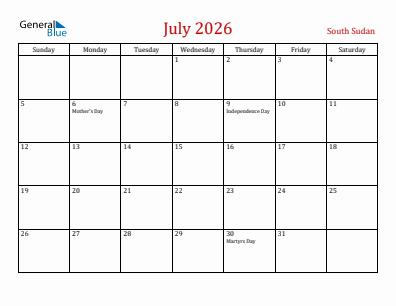 Current month calendar with South Sudan holidays for July 2026