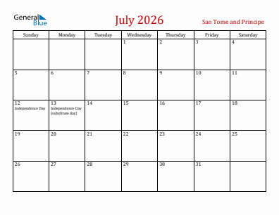 Current month calendar with Sao Tome and Principe holidays for July 2026