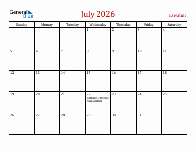 Current month calendar with Eswatini holidays for July 2026