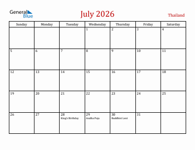 Current month calendar with Thailand holidays for July 2026