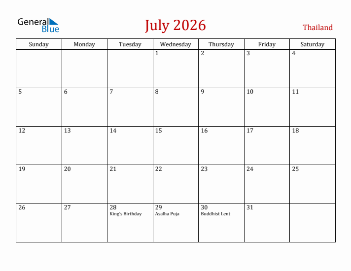 Thailand July 2026 Calendar - Sunday Start